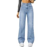 Damen Jeans Gerades Bein,Mittlere Taille Hüftjeans Straight-Fit Denimjeans Y2k Clothes Dunkle Waschung Hosen Lose Fit Pants Gerade Geschnitten Jeanshosen Freizeithose mit Taschen(#C Light Blue,S)