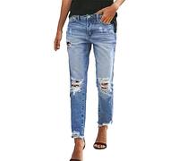 Damen Jeans High Waist Damen-Jeans mit geradem Bein und verwaschenem -Jeans im Distressed-Saum WeißE Hose Damen Stretch GroßE GrößEn (Blue, XL)