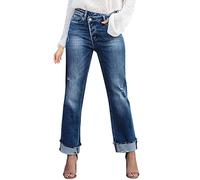 Damen Jeans High Waist Frauen Hosen Loch Denim Elastische Taille Jeans Hose Hohe Lose Damen Jeans Mid Waist Jeans Damen Jeanshosen Damen Weit (Blue, XL)