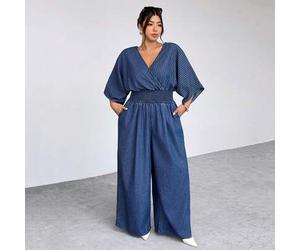 Damen-Jeans-Jumpsuit in Große Größen, blau-weiß gestreift, mit Überlappung, geraffter Taille, Fledermausärmeln und weitem Bein, lässig, Sommer, Smart