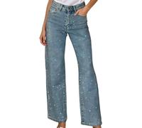 Damen-Jeans mit Strass, Pailletten, gerades Bein, weit, lockere Passform, lässig, ausgestellt, Vintage, Used-Effekt, Stretch, sehr dehnbar, für Yoga, Fitness, Sport, hellblau, XXXL