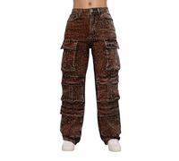 Damen-Jeans mit Strass, Pailletten, gerades Bein, weit, lockere Passform, lässig, ausgestellt, Vintage, Used-Effekt, Stretch, sehr dehnbar, für Yoga, Fitness, Sport 2025, braun, Medium