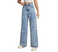 Damen-Jeans mit Strass, Pailletten, gerades Bein, weit, lockere Passform, lässig, ausgestellt, Vintage, Used-Effekt, Stretch, sehr dehnbar, für Yoga, Fitness, Sport, Aa Hellblau, Small