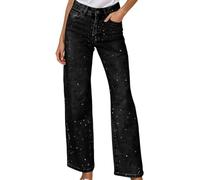 Damen-Jeans mit Strass, Pailletten, gerades Bein, weit, lockere Passform, lässig, ausgestellt, Vintage, Used-Effekt, Stretch, sehr dehnbar, für Yoga, Fitness, Sport 2025, A schwarz., XX-Large