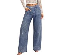 Damen-Jeans mit Strass, Pailletten, gerades Bein, weit, lockere Passform, lässig, ausgestellt, Vintage, Used-Effekt, Stretch, sehr dehnbar, für Yoga, Fitness, Sport, D. Blau., Large