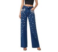 Damen-Jeans mit Strass, Pailletten, gerades Bein, weit, lockere Passform, lässig, ausgestellt, Vintage, Used-Effekt, Stretch, sehr dehnbar, für Yoga, Fitness, Sport, G blau, Large