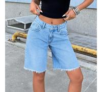 Damen Jeans-Short mit niedriger Taille, gerader Passform, leichter Denimwäsche und rohen Kanten