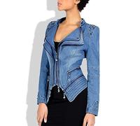 Damen Jeansjacke, Damen-Jeansjacke Modisch Schmal Langärmelig Reißverschluss Revers Jean-Biker-Mantel Vintage-Stil Distressed-Splicing Kurzes Achselzucken Denim-Mantel Punk-Nietenverzierung Oberbe