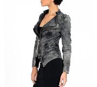 Damen Jeansjacke, Damen-Jeansjacke Modisch Schmal Langärmelig Reißverschluss Revers Jean-Biker-Mantel Vintage-Stil Distressed-Spleißen Kurzes Achselzucken Denim-Mantel Punk-Nietenverzierung Stree