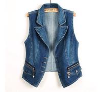 Damen Jeansjacke, Damen-Jeansweste Jacke Dunkelblau Schmale Passform Anzug Revers Ärmellos Knopfleiste Jeansweste Weste Vintage-Waschung Distressed Verkürzte Denim-Gilet Lässige Oberbekleidung Ob