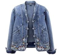 Damen-Jeansjacke - Langärmelige, Verkürzte Vintage-Jeansjacke Im Ethno-Stil, Lockerer Jeansmantel Mit Knopfleiste, Damen-Oberbekleidung Mit Schmetterlingsstickerei, Blau, L