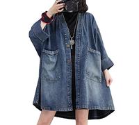 Damen Jeansjacke, Lange Damen-Jeansjacke In Übergröße Vintage-Blau Langärmelig Shacket-Jacke Mit Knöpfen Verblasst V-Ausschnitt Frühlingsübergang Lässige Oberbekleidung Mit Tasche XL