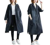 Damen Jeansjacke, Lange Damen-Jeansjacke Vintage-Waschung Verblasst Lange Ärmel Knopfleiste Shacket-Jacke Modischer Anzug Revers Jeansmantel Frühling Übergang Lässige Oberbekleidung Mit Tasche S