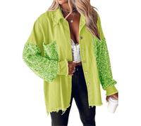 Damen-Jeansjacke mit Pailletten, Patchwork, glitzernd, langärmelig, Farbblock, übergroß, Button-Down-Revers, Hemd, stilvoll, lässig, Jeans-Shacket-Mantel für Party, Abend-Outfits, grün, XXL