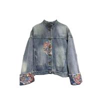 Damen-Jeansjacke Mit Stickerei, Knopfleiste, Lange Ärmel, Jeansjacken - Chinesischer Vintage-Mantel Für Damen, Lässig, Locker, Kurz Geschnitten, Oberbekleidung, Blau, Xxl