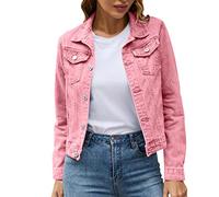 Damen-Jeansjacken Einfarbig Langarm Jacket Kurze Geknöpft Kurzjacke Jacke Jeans Revers Denim Mädchen Jeansjacken Jeansjacke Übergangsjacke Frühlingsjacke Damenjacken Rosa XL