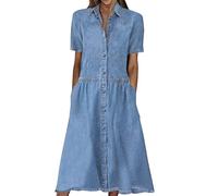 Damen Jeanskleid Sommer Kurze Ärmel Button Down Gestaffelt Denim Kleid, Damen Jeanskleid Sommer Blusenkleid Damen Elegant Strandkleid Damen Wickelkleid Hemdblusenkleid Damen Lang