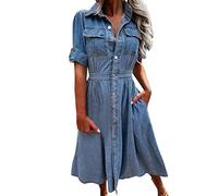 Damen Jeanskleid Sommer Kurze Ärmel Button Down Gestaffelt Denim Kleid, Damen Jeanskleid Sommer Blusenkleid Damen Elegant Strandkleid Damen Wickelkleid Hemdblusenkleid Damen Lang