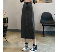 Damen Jeansrock High Waist A-Linie für Slim Fit für midi Länge(Black Gray XXL)