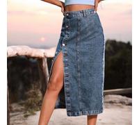 Damen Jeansrock Hoch Taille Schlank für midi Mit Schlitz Damen(Deep Blue XS)