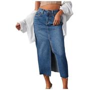 Damen Jeansrock Lang Gr. S-XXL - Maxi Denim Rock Hohe Taille mit Vorderschlitz & Falten Weite A-Linie Sommerrock Denim Skirt Große Größen Übergröße Freizeitrock