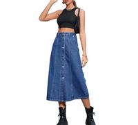 Damen Jeansrock mit hoher Taille, gewaschener Knopfleiste, Midi-Länge, A-Linie, Denim, Bleistiftrock, Blau - 185, X-Klein