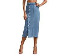 Damen Jeansrock mit Schlitz Knopf Midi Long Jeans Rock Hohe Taille Vintage Denim Röck High Waist Seitenschlitz Midirock Bleistiftrock mit Knöpfen (A1-Blue, L)