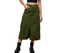 Damen Jeansrock mit Schlitzen vorne, Midi-Jeansrock mit Taschen, lässiger Stretch, hohe Taille, A-Linie, langer Cargo-Jeansrock, armee-grün, 52