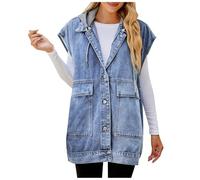 Damen Jeansweste mit Kapuze Ärmellose Jeans Weste Oversize Boyfriend Jeansjacke Locker Denim Hoodie Weste Casual Jacke Mantel Frauen Damenweste mit Taschen Knopf