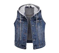 Damen Jeansweste Mit Kapuze Weste Jacke Vest Jeansjacke Ärmellos Denim Gilet Dunkelblau L