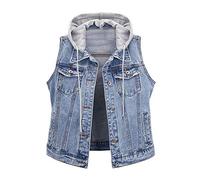 Damen Jeansweste Mit Kapuze Weste Jacke Vest Jeansjacke Ärmellos Denim Gilet Hellblau 2XL