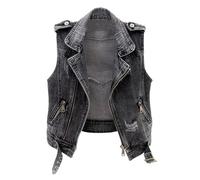 Damen Jeansweste Punk Schwarz Zerrissene Gewaschene Weste Jeans Gielt Reißverschluss Bandage Kurze Jeansweste Plus Size Destoryed Jeansjacke Frühling Cardigan Top Outwear Plus Größe S-3Xl