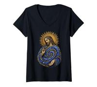 Damen Jesus Christus Blaue Florale Spirale Ikone heilige katholische Kunst T-Shirt mit V-Ausschnitt