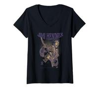 Damen Jimi Hendrix Playing Guitar Purple Yellow T-Shirt mit V-Ausschnitt