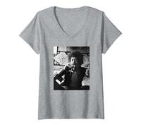 Damen Jimi Hendrix Purple Haze Gitarrenlegende bei Mayfair Flat 1969 T-Shirt mit V-Ausschnitt