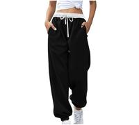 Damen Jogginghose Haremshose Mit Kordelzug Sporthosen Yogahose Baggy Freizeithosen Lang Trainingshose Baumwolle Sweathose Pants Casual Stoffhose Gym Musselin Hose Taschen Pants(#E Black,3XL)