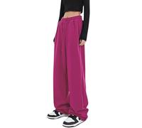 Damen Jogginghose Weites Bein Capri Sporthose Kordel Yoga Hose Baggy Freizeithose Lang Trainingshose Weich Sweathose Einfarbig Pants Locker Stoffhose Sport Wanderhose Pants Arbeitshose(Hot Pink,XL)