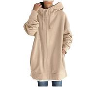 Damen Joggingjacke - Einfarbige Kapuzen-Sweatshirt für Damen, Winter, einfarbig, langärmlig, Baggy, mittellang, Mantel mit Reißverschluss, große Größe, kaki, 54