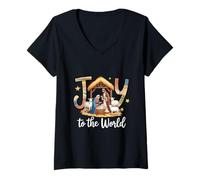 Damen Joy to The World Weihnachtskrippe Weihnachten Christian T-Shirt mit V-Ausschnitt
