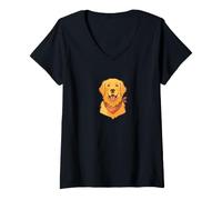 Damen Joyful Golden Retriever Hunde-Halstuch, Porträt, Hunde-Liebhaber-Kunst T-Shirt mit V-Ausschnitt