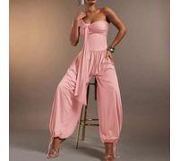 Damen-Jumpsuit aus Jersey, sexy, ärmellos, mit einer Schulter, geraffter Kreuzfront und Kordelzugsaum
