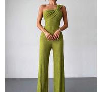 Damen Jumpsuit aus strukturiertem Strickstoff in Unifarbe, asymmetrisches Twist-Design, gerades Bein