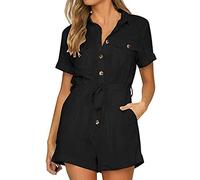 Damen Jumpsuit, Frauen Casual Button Down Cuffed Kurzarm Casual Boho Playsuit Jumpsuit, Frauen Kleidung (Schwarz L)