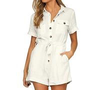 Damen Jumpsuit, Frauen Casual Button Down Cuffed Kurzarm Casual Boho Playsuit Jumpsuit, Frauen Kleidung (Weiß XXL)