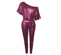 Damen Jumpsuit Hose Lederoptik Matt Stretch Skinny Elegant Schulterfrei Jeggings Frauen Leder Gummizug Lang Eng Lederhose Schmales Bein Einfarbig One Piece Hose