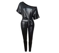 Damen Jumpsuit Hose Lederoptik Matt Stretch Skinny Elegant Schulterfrei Jeggings Frauen Leder Gummizug Lang Eng Lederhose Schmales Bein Einfarbig One Piece Hose