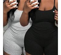 Damen Jumpsuit in Große Größen, figurbetonter Schnitt, hellgrau + schwarz einfarbig, strukturierter Stoff mit feinen Linien, tiefer Ausschnitt, ärmelo