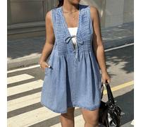 Damen Jumpsuit in Große Größen mit V-Ausschnitt, Bindegürtel, Falten, ärmelos, lässig, locker, Jeans, Frühling/Sommer