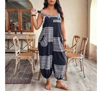 Damen Jumpsuit in großen Größen, ärmellos, aus strukturiertem Stoff mit Patchworkdesign, lässig und weit geschnitten