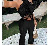 Damen Jumpsuit mit ausgeschnittener Taille, Neckholder, strukturierter Fransen, für den Urlaub